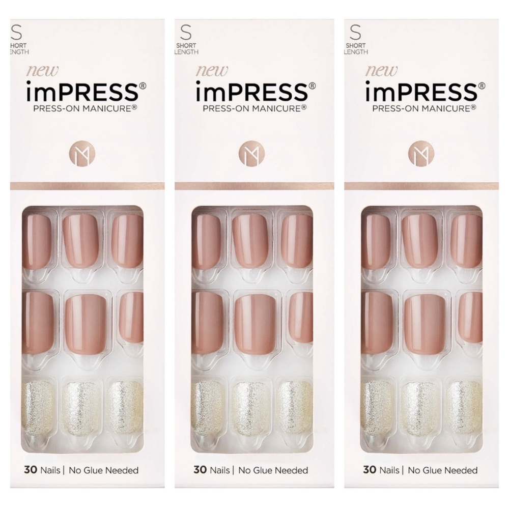 ImPress Press-On Beige Tan Short Length Nails Glitter Accents x 3 Packs!